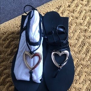 INC International Concepts Black Sandals with Gold Heart Accent